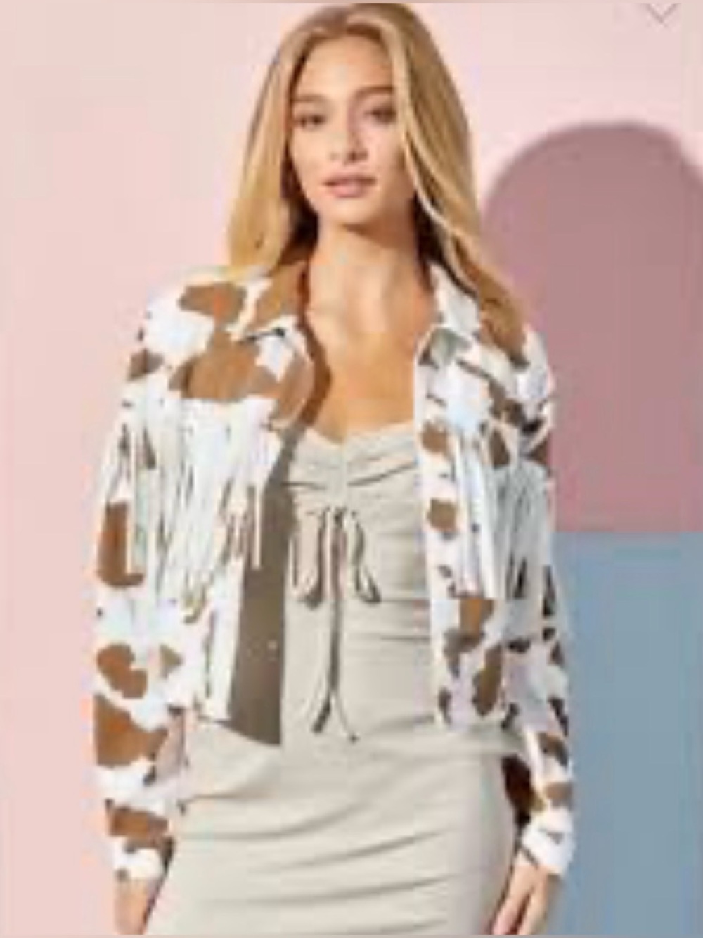 Baevely by Wellmade Midnight Rodeo Cow Print Tassel Fringe Denim Jacket NWT